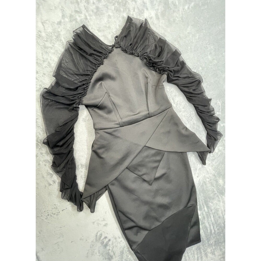 Black SMALL Ruched Sleeve Cocktail Dress high mock neck - Picture 4 of 9